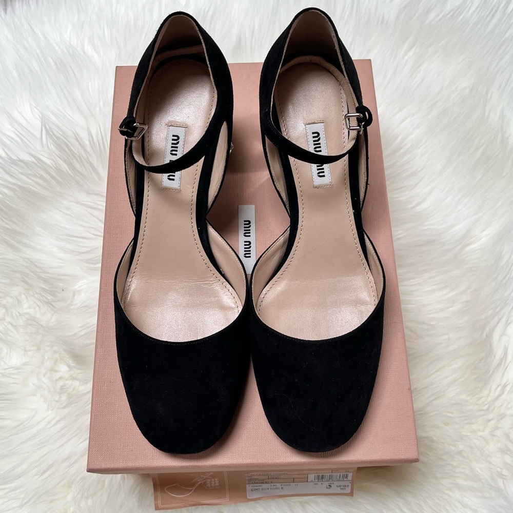 *BRAND NEW* Miu Miu Black Suede Mary Jane Jeweled Heels - Size 39